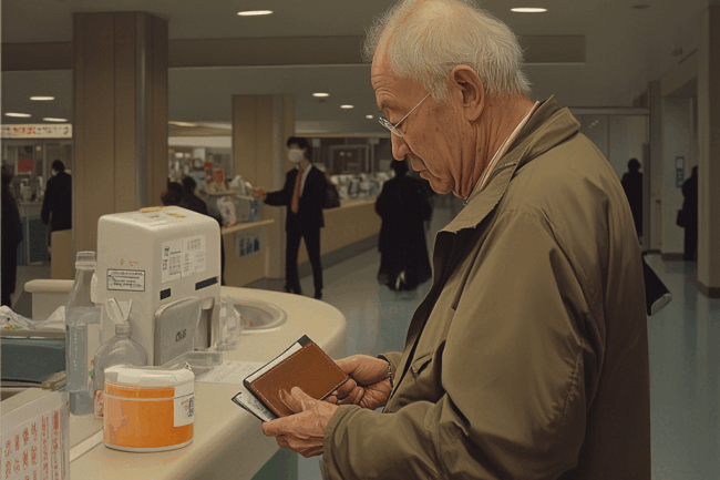 u8922936522_An_elderly_Japanese_man_paying_medical_fees_at_a__c8cd49a6-6d55-46d7-a612-6338fb40c61d_0