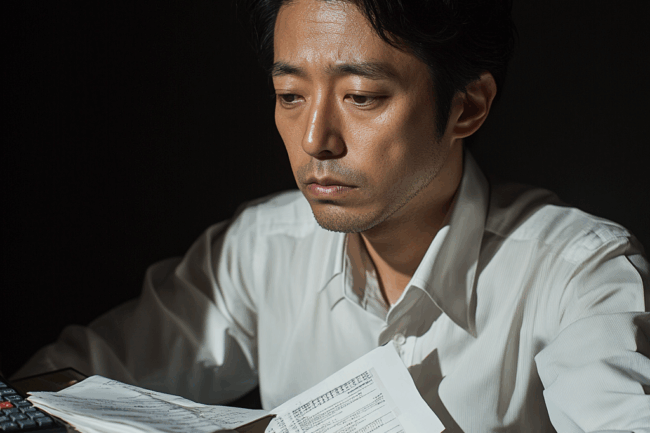 u8922936522_Japanese_accountant_staring_at_a_stack_of_unpaid__da4d1bfa-bad1-4b98-bded-67a9e6a1a5e9_2