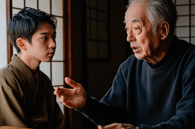 u8922936522_Japanese_elderly_man_gently_talking_to_his_adult__328c4ae6-d073-4815-9689-b5a2f22bfc76_1