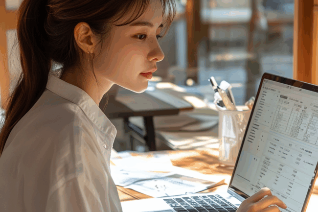 インボイスをPCでみる女性