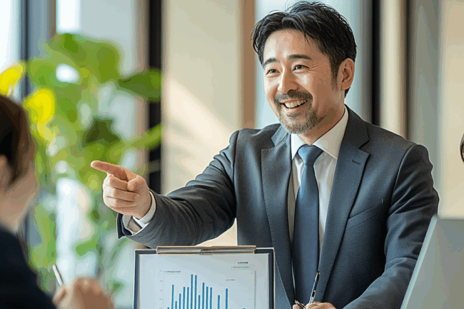 グラフを説明する男性